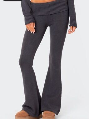 Edikted Ribbed Knit Flare Pants - Navy Blue